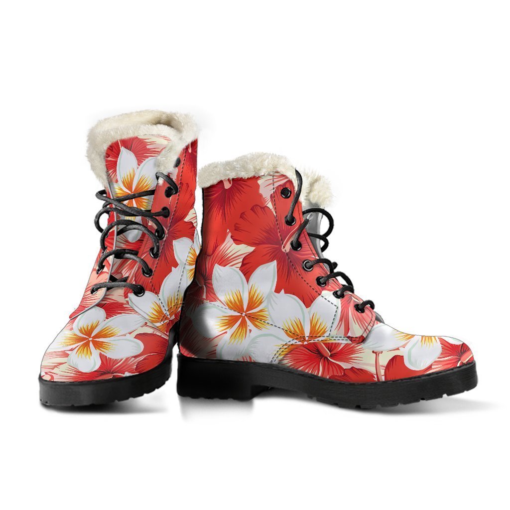 Red Hibiscus Plumeria Pattern Print Faux Fur Leather Boots: Embrace Your Inner Hippie Style! - 3