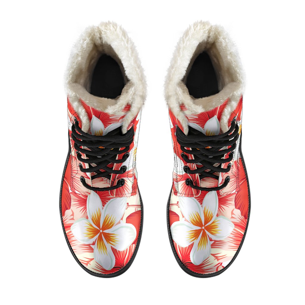 Red Hibiscus Plumeria Pattern Print Faux Fur Leather Boots: Embrace Your Inner Hippie Style! - 4