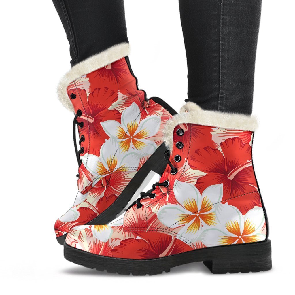 Red Hibiscus Plumeria Pattern Print Faux Fur Leather Boots: Embrace Your Inner Hippie Style! - 1