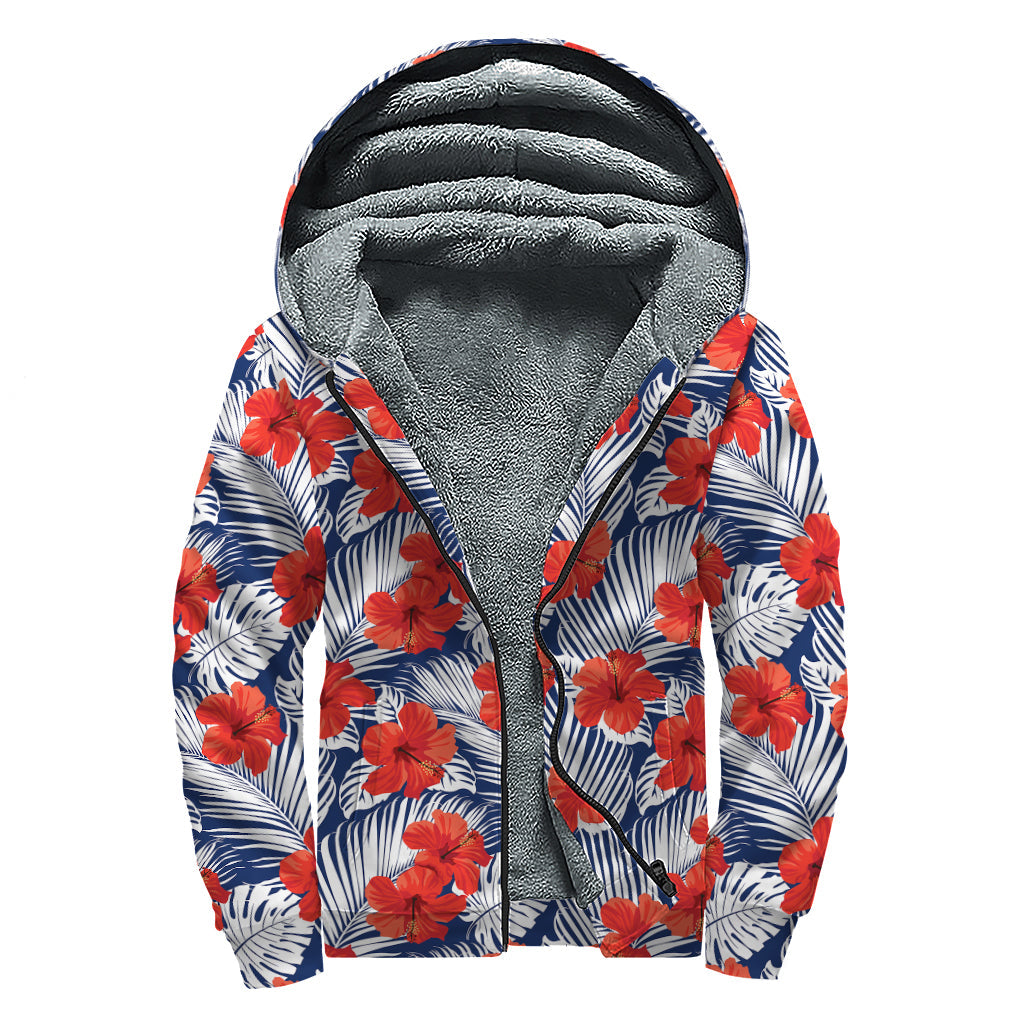 Red Hibiscus Tropical Pattern Sherpa Lined Zip Up Hoodie - Embrace Your Inner Hippie! - 1