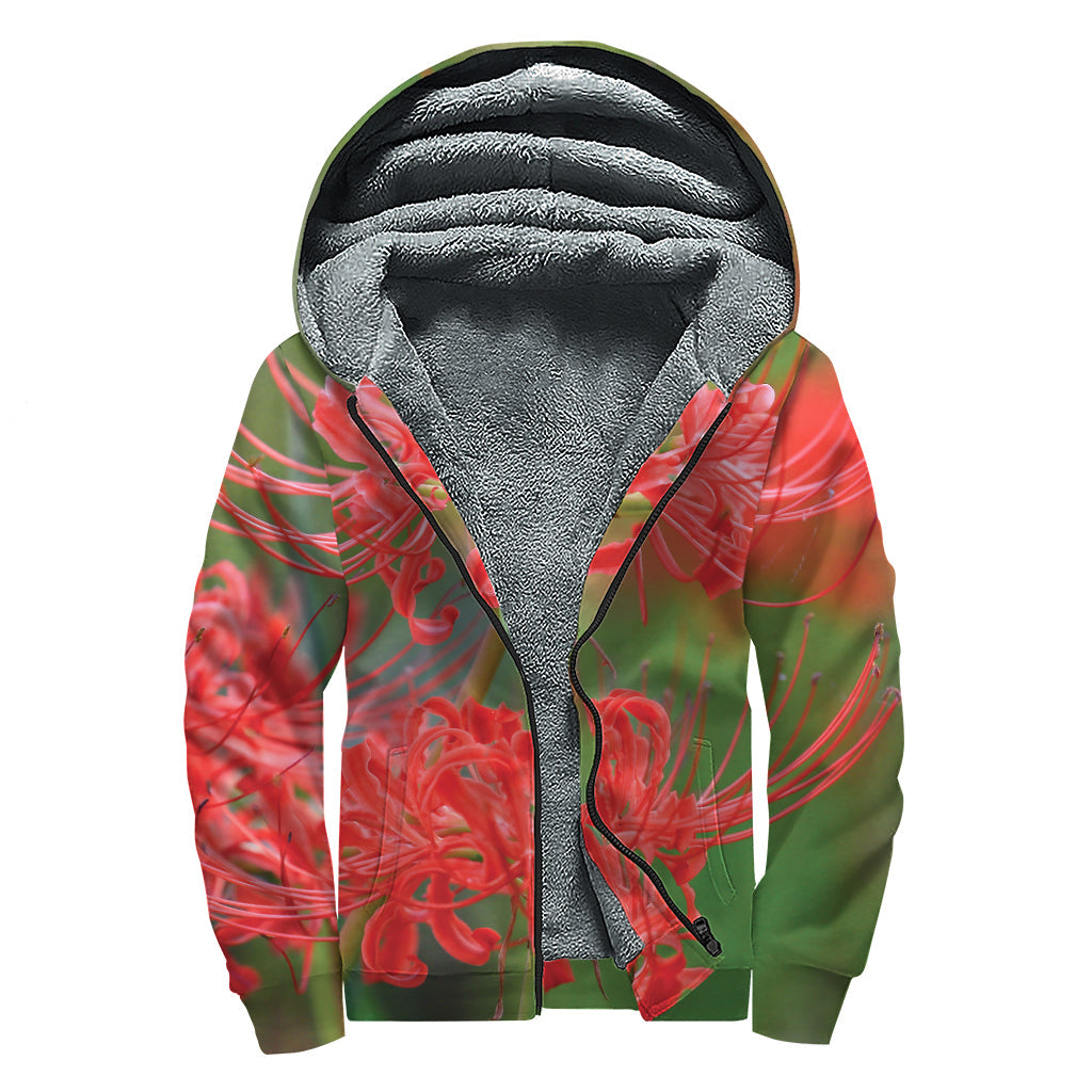 Red Japanese Amaryllis Print Sherpa Lined Zip Up Hoodie: Embrace Your Inner Hippie - 1