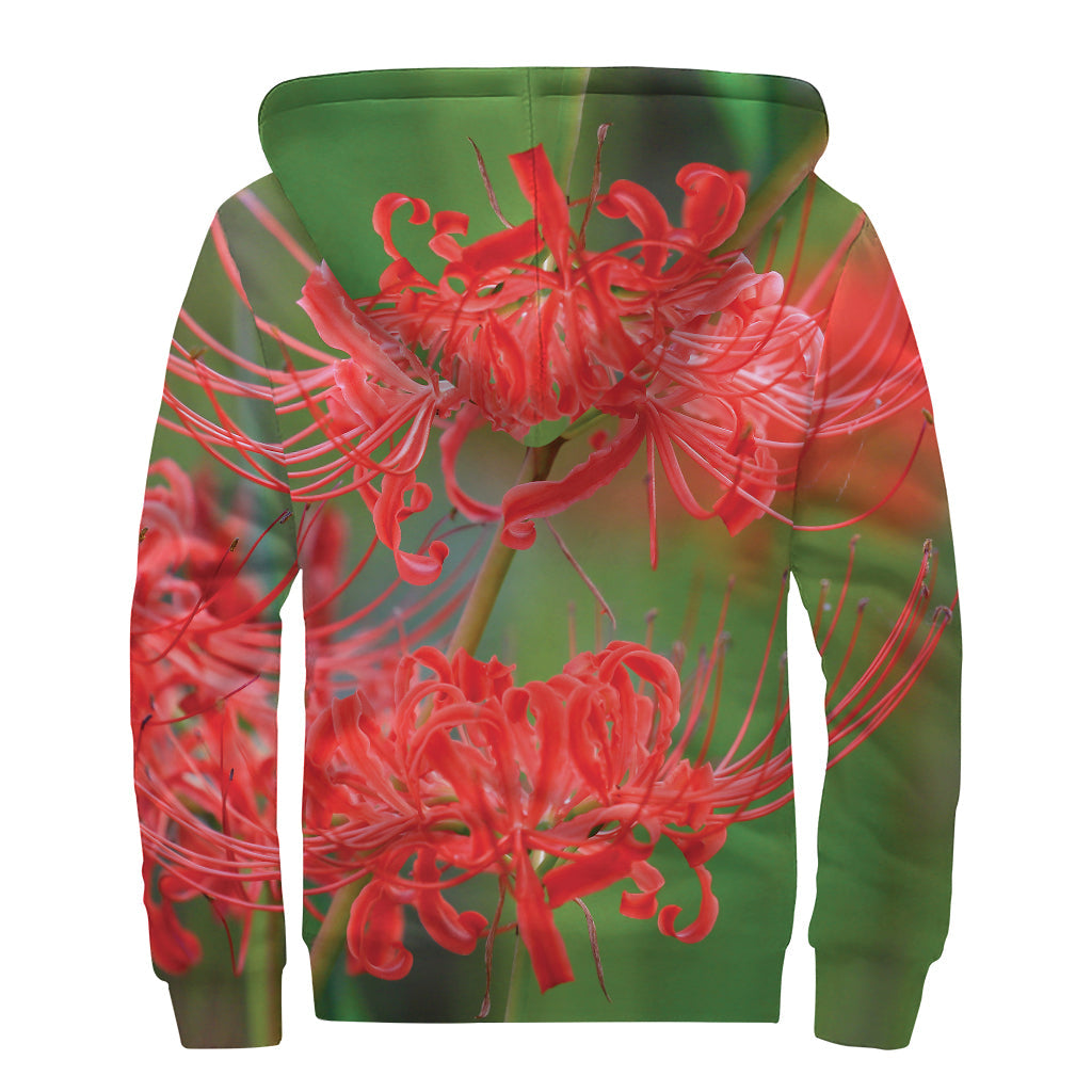 Red Japanese Amaryllis Print Sherpa Lined Zip Up Hoodie: Embrace Your Inner Hippie - 2