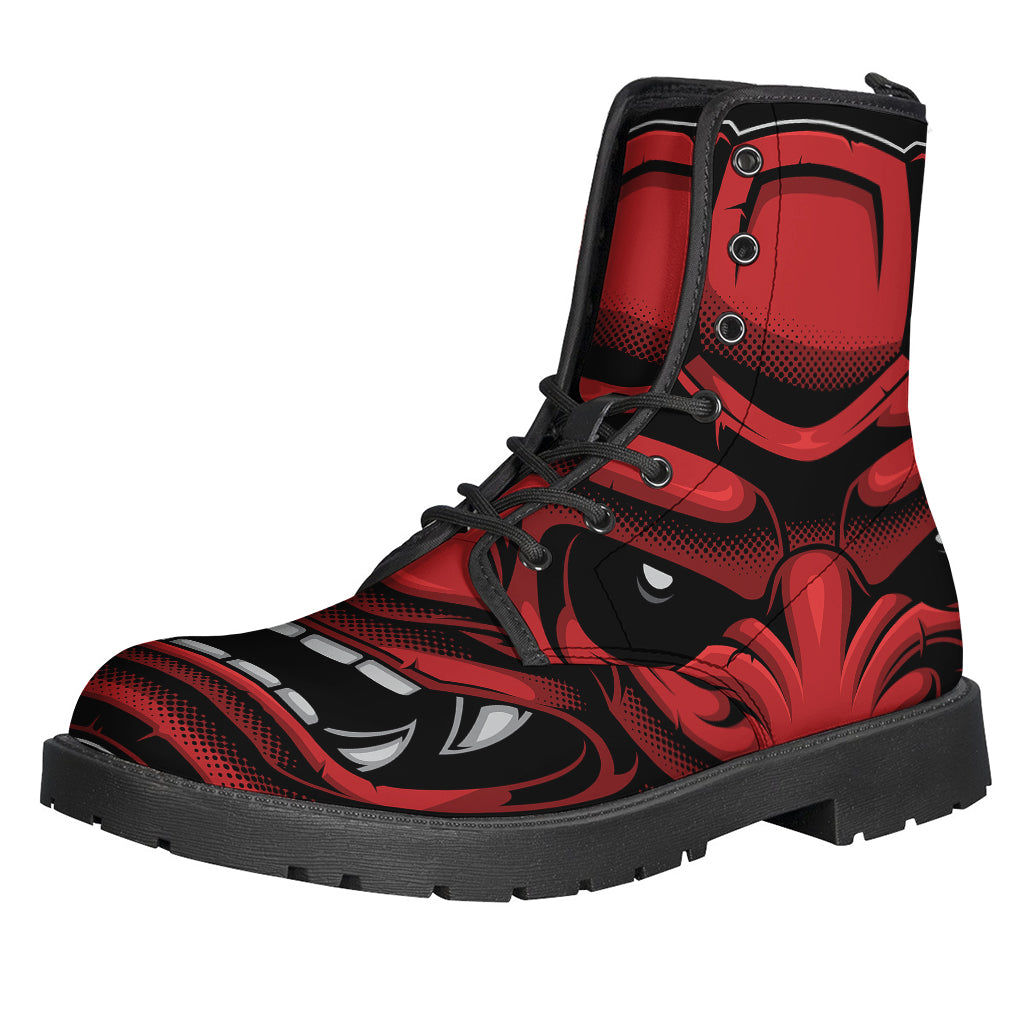 Red Japanese Demon Mask Printed Leather Lightweight Boots for the Modern Hippie - 1