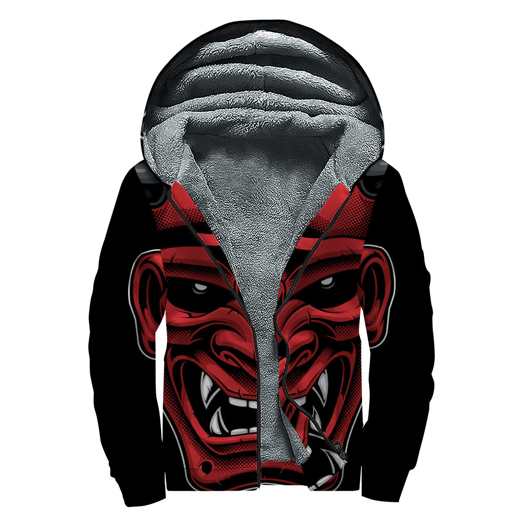 Red Japanese Demon Mask Printed Hippie Sherpa Lined Zip Up Hoodie - 1