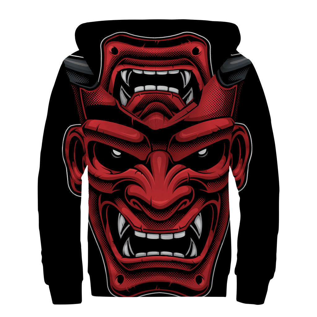 Red Japanese Demon Mask Printed Hippie Sherpa Lined Zip Up Hoodie - 2