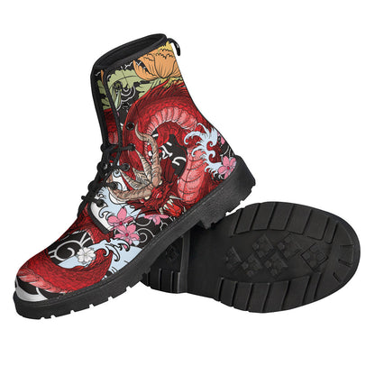 Groovy Leather Lightweight Boots with Japanese Dragon Print for Hippies - 2