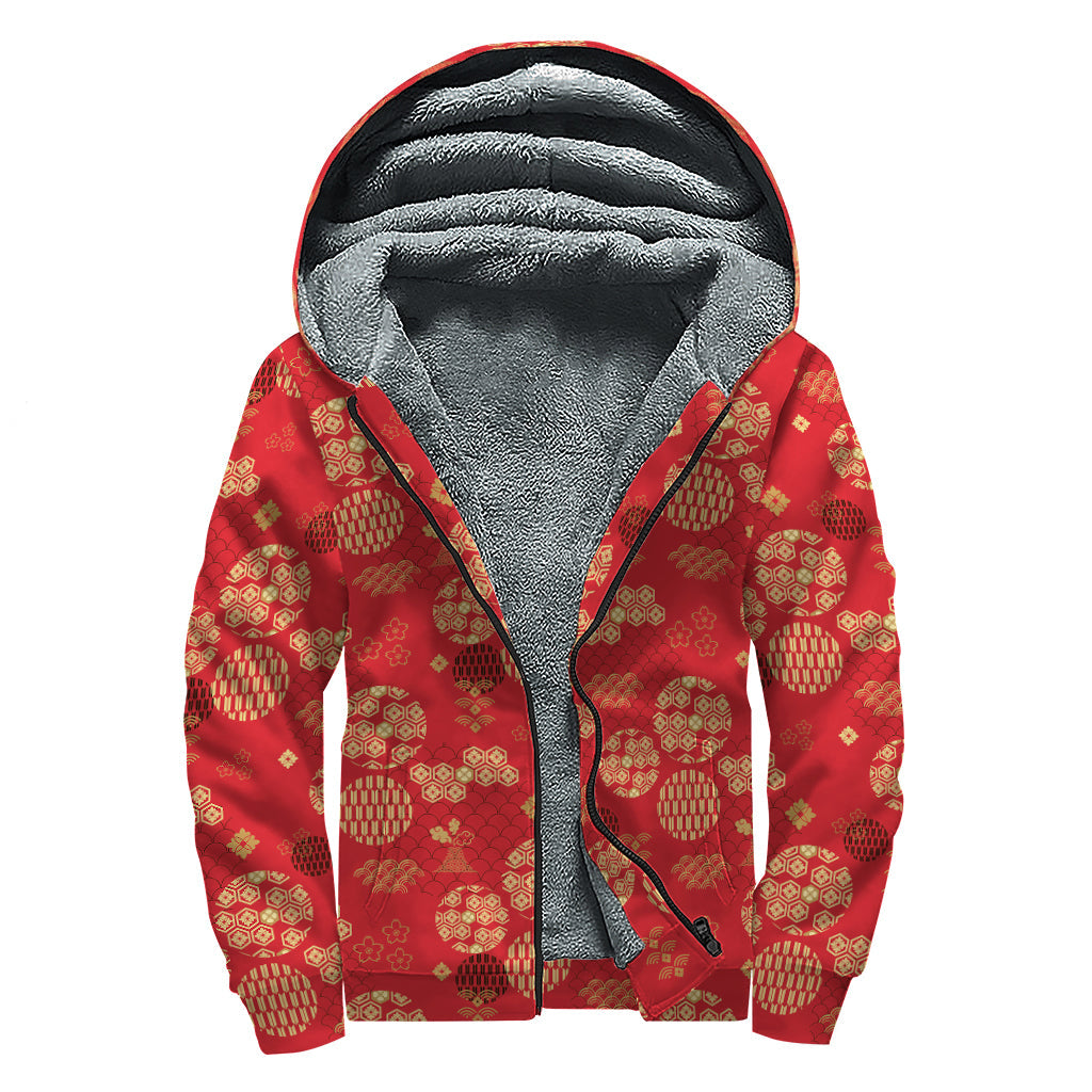 Red Japanese Pattern Print Hippies Sherpa Lined Zip Up Hoodie - 1