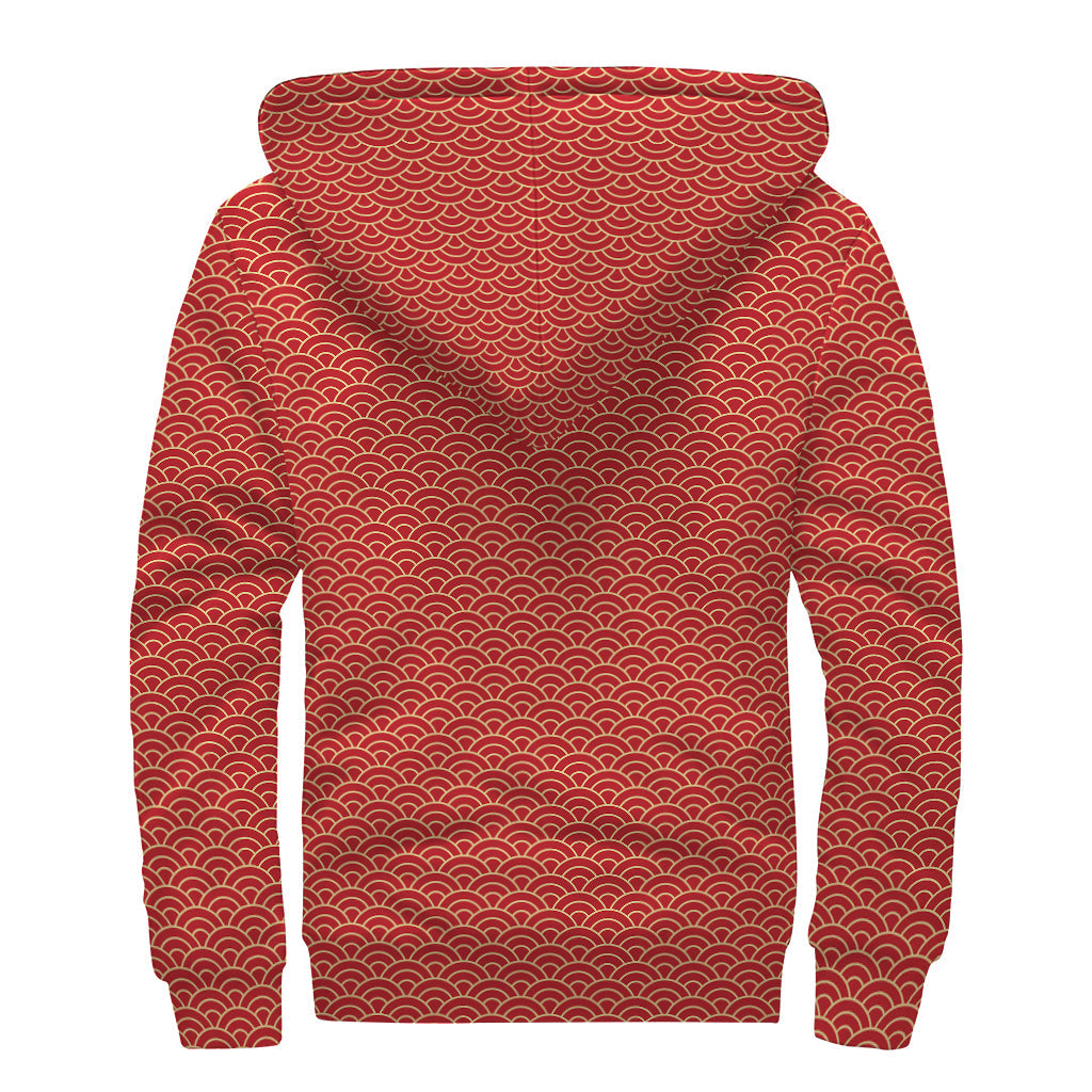 Red Japanese Wave Pattern Sherpa Lined Hoodie for Free-Spirited Hippies - 2