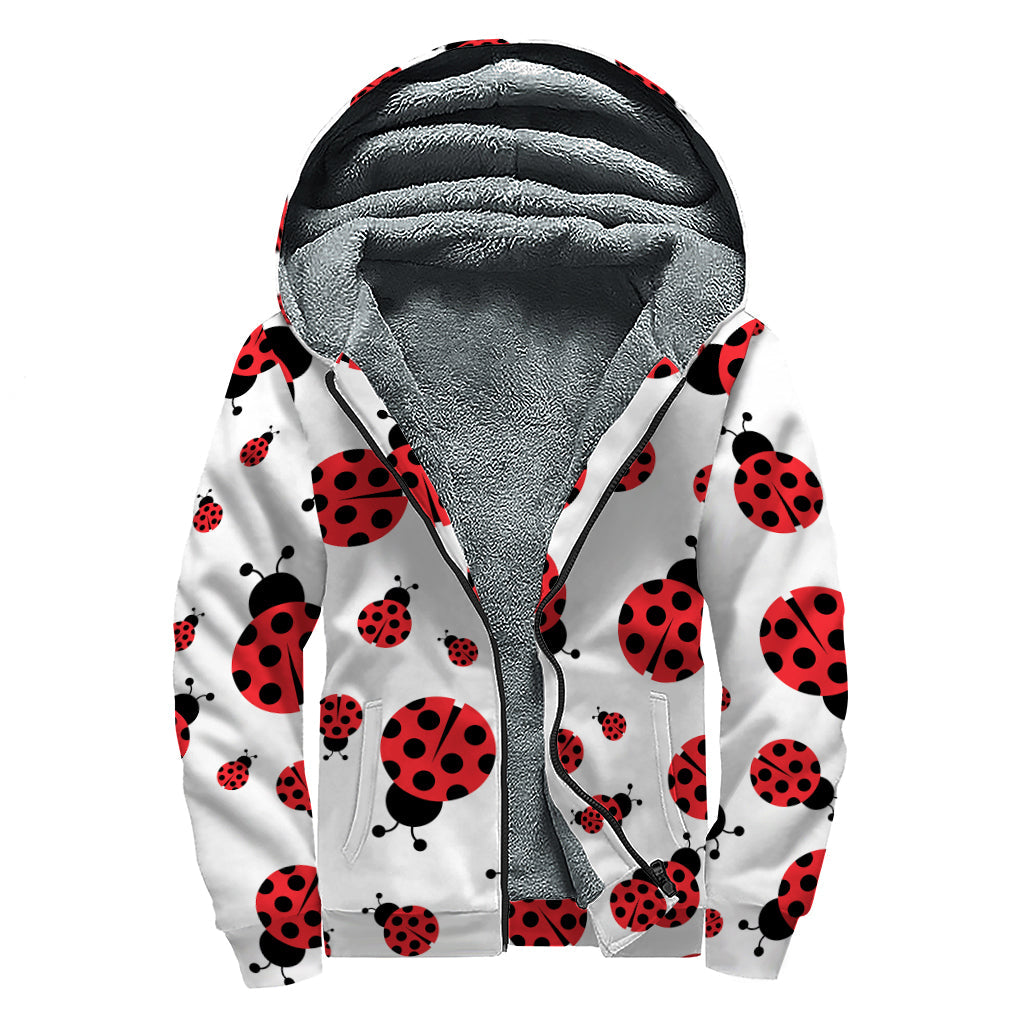 Groovy Red Ladybug Pattern Print Sherpa Lined Zip Up Hoodie - 1