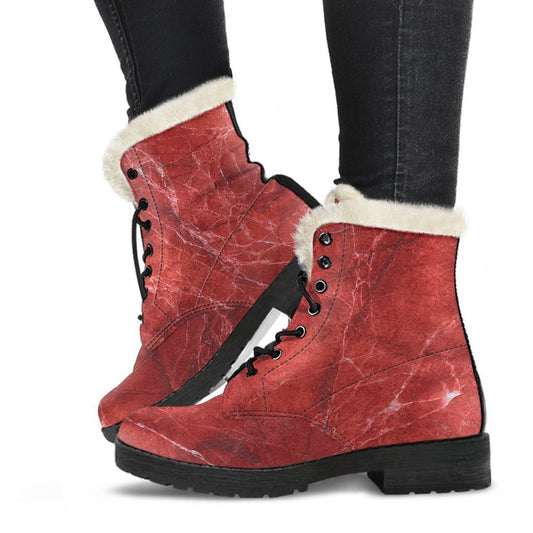 Groovy Vibes: Red Marble Print Faux Fur Leather Boots for Stylish Hippies - 1