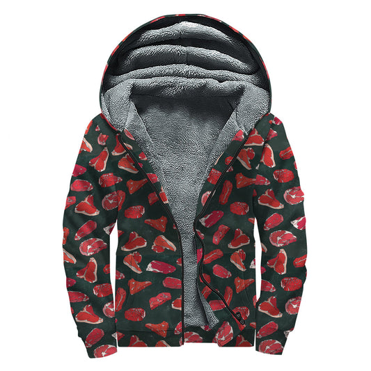 Groovy Red Meat Pattern Sherpa Lined Zip Up Hoodie for the Free-Spirited Hippie - 1