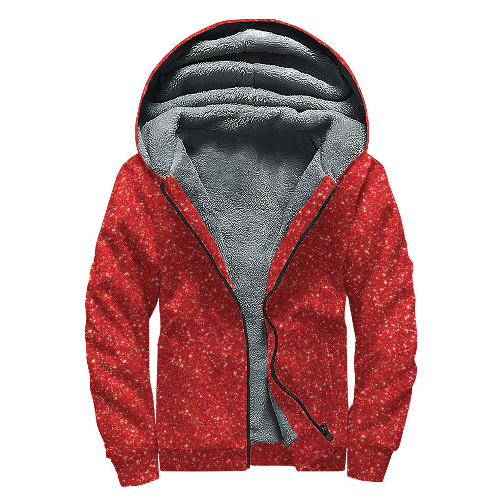 Red Glitter Print Sherpa Lined Zip Up Hoodie for Groovy Hippies - 1