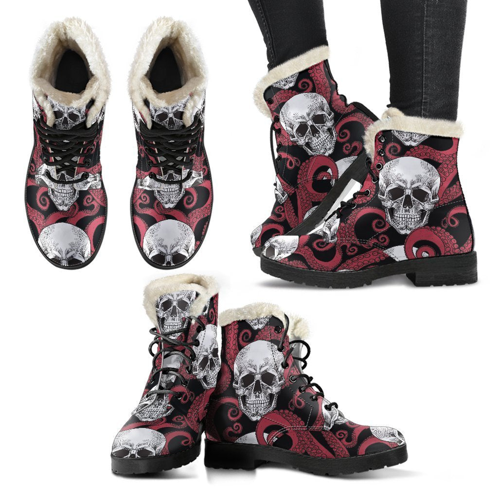 Red Octopus Skull Pattern Faux Fur Leather Boots for the Groovy Hippie - 2