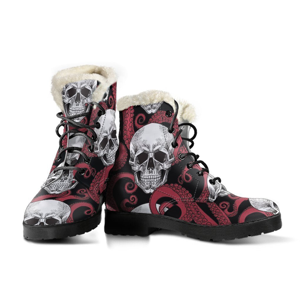 Red Octopus Skull Pattern Faux Fur Leather Boots for the Groovy Hippie - 3