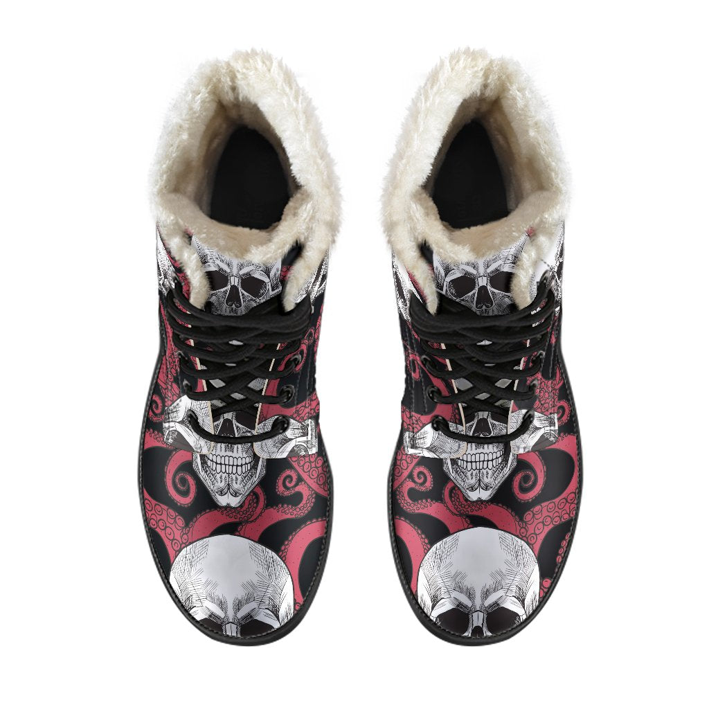 Red Octopus Skull Pattern Faux Fur Leather Boots for the Groovy Hippie - 4