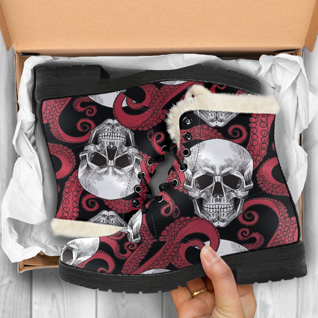 Red Octopus Skull Pattern Faux Fur Leather Boots for the Groovy Hippie - 5