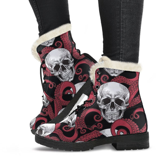 Red Octopus Skull Pattern Faux Fur Leather Boots for the Groovy Hippie - 1