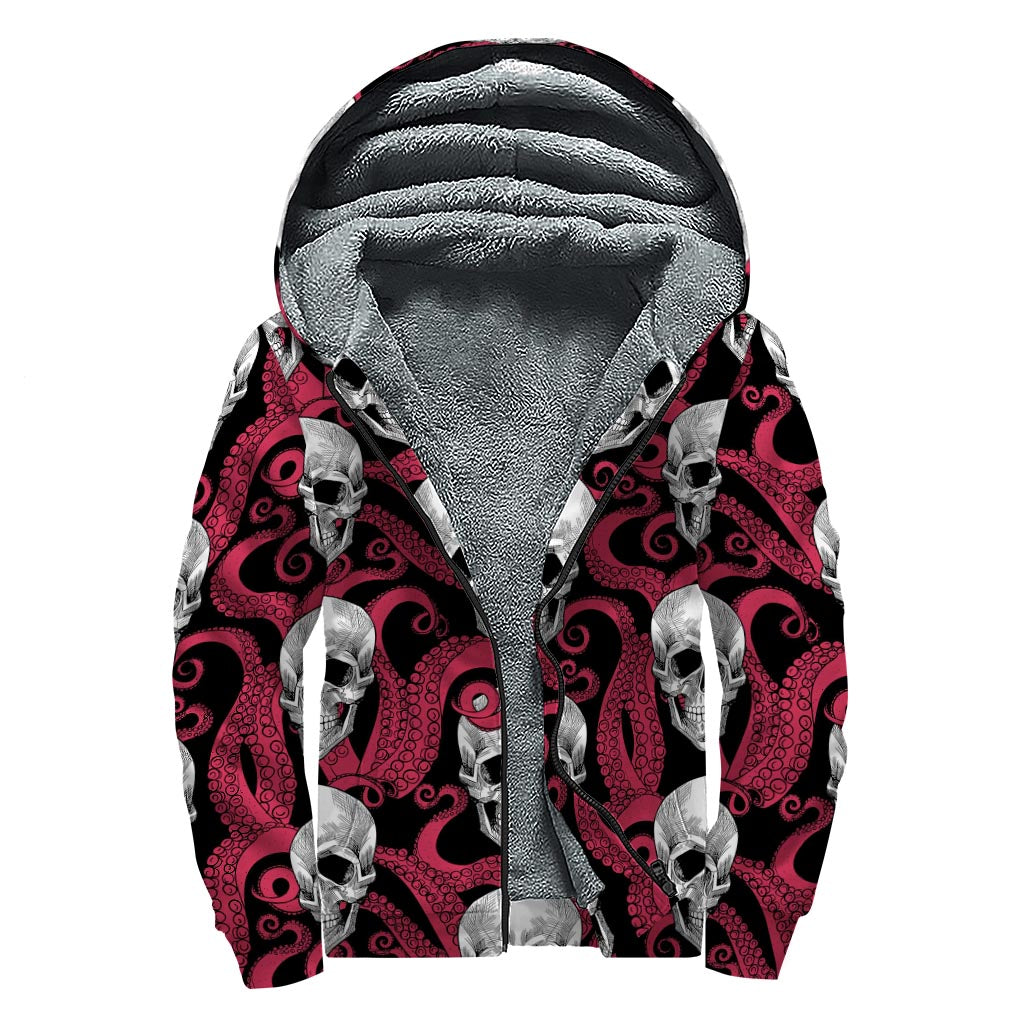 Red Octopus Skull Pattern Sherpa Lined Zip Up Hoodie: Groovy Hippie Style - 1