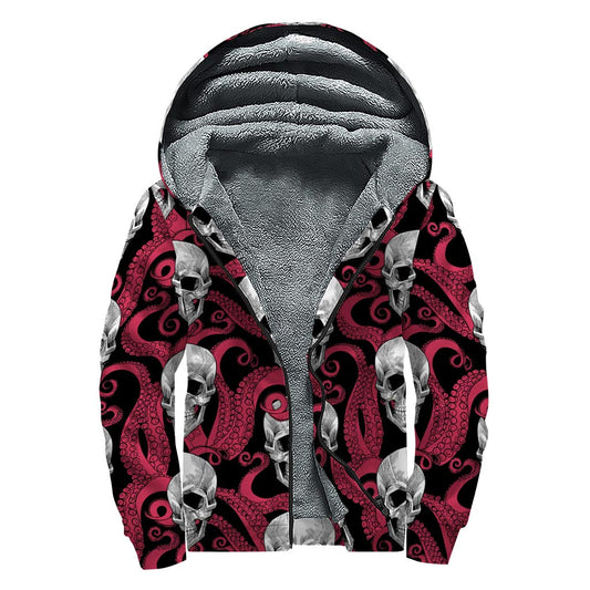 Red Octopus Skull Pattern Sherpa Lined Zip Up Hoodie: Groovy Hippie Style - 1