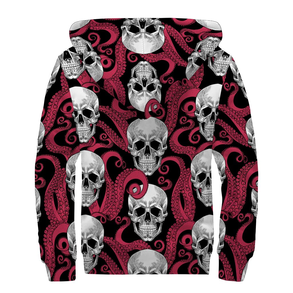 Red Octopus Skull Pattern Sherpa Lined Zip Up Hoodie: Groovy Hippie Style - 2