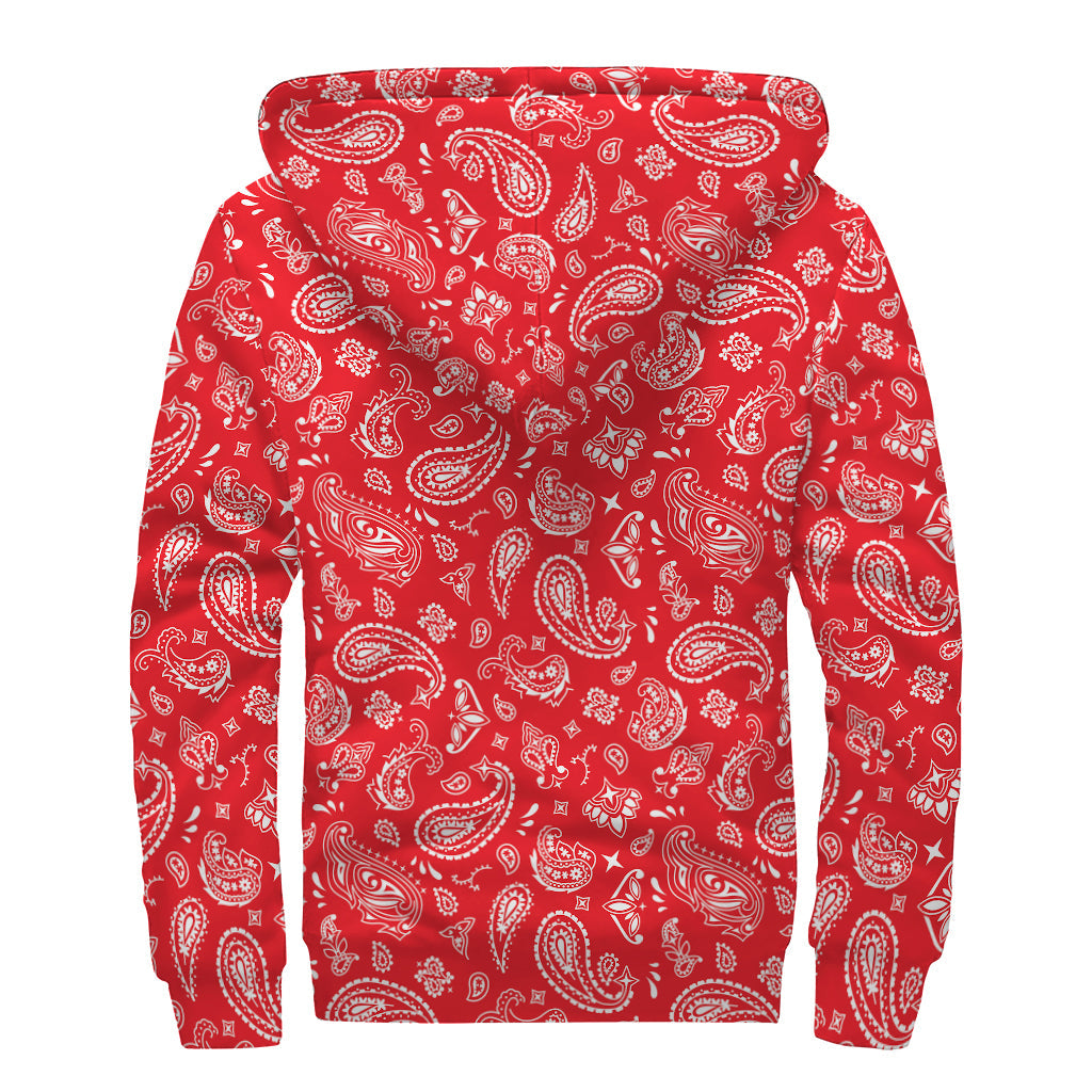 Red Paisley Bandana Print Sherpa-Lined Zip Up Hoodie for Style-Savvy Hippies - 2