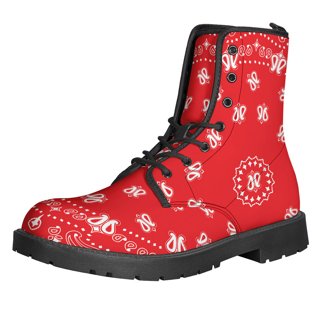 Step Out in Style: Red Paisley Bandana Print Leather Lightweight Boots for Hippies - 1