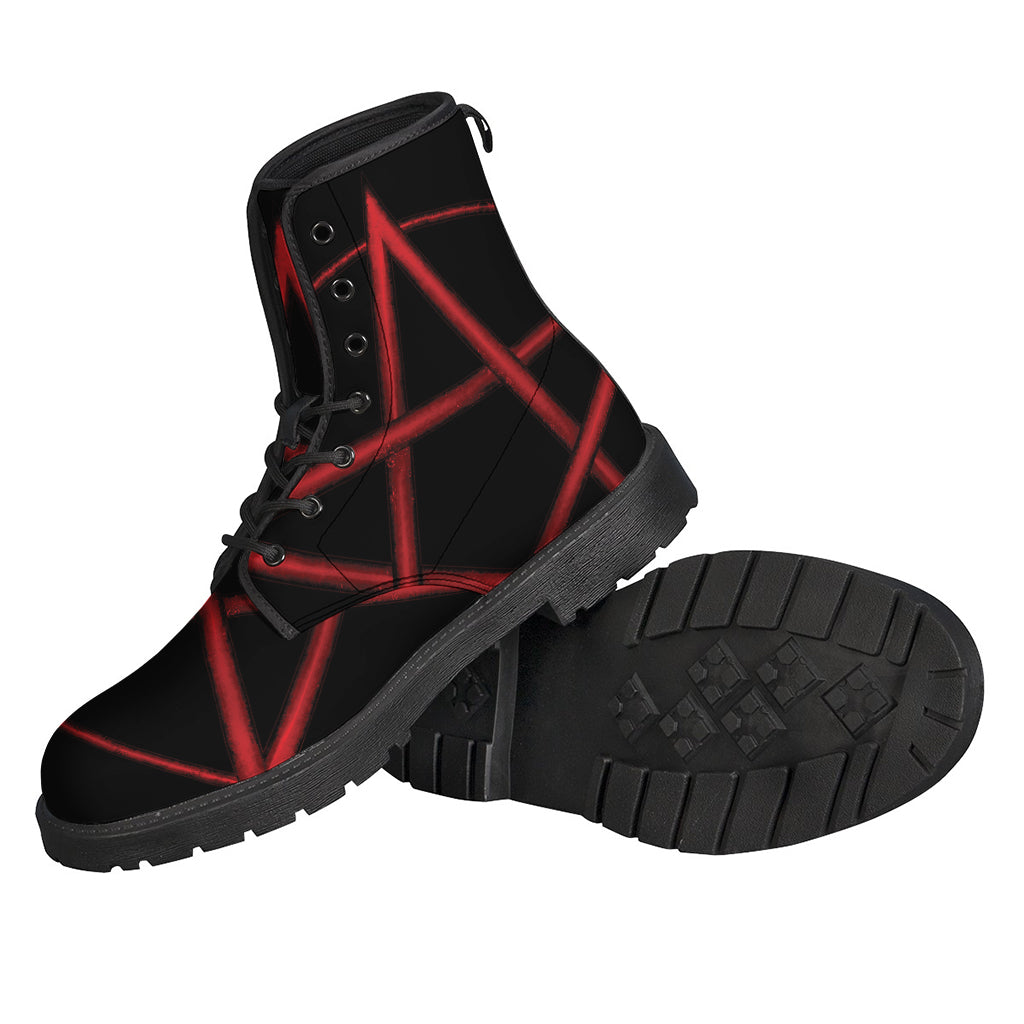 Red Pentagram Symbol Leather Boots for Free-Spirited Hippies - 2