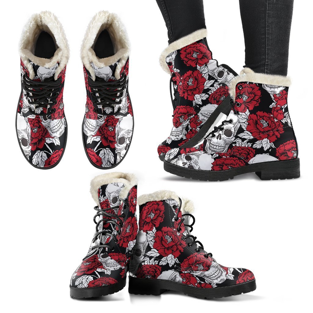 Red Peony Skull Faux Fur Leather Boots for Free-Spirited Hippies - 2