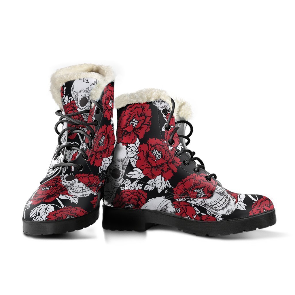 Red Peony Skull Faux Fur Leather Boots for Free-Spirited Hippies - 3