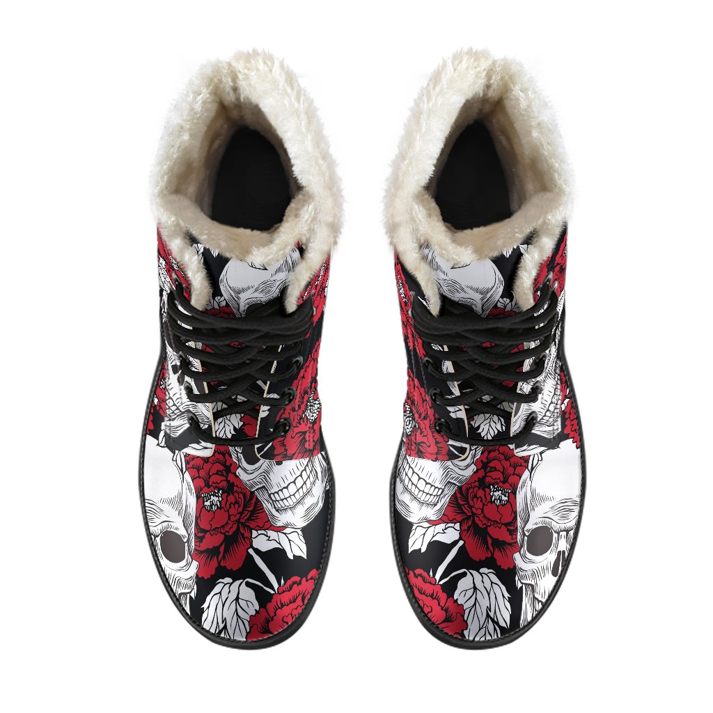 Red Peony Skull Faux Fur Leather Boots for Free-Spirited Hippies - 4