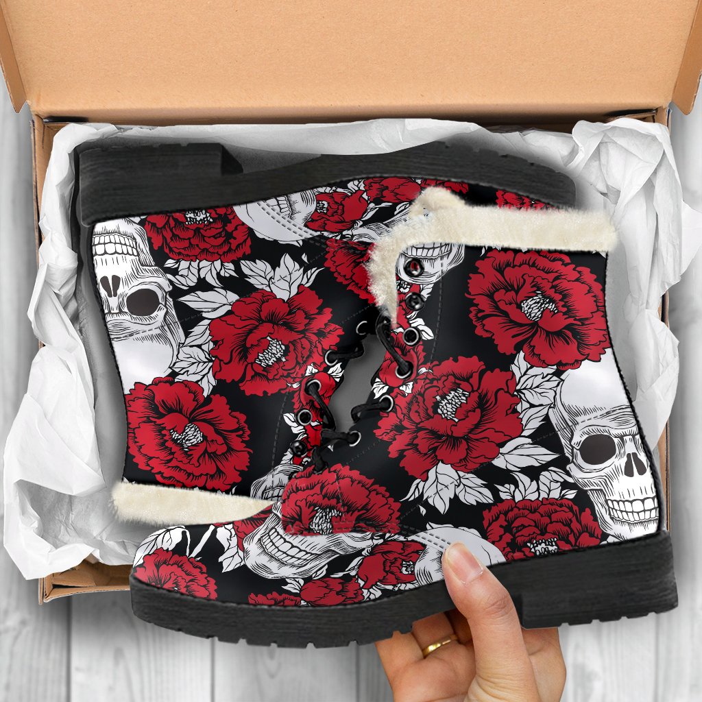 Red Peony Skull Faux Fur Leather Boots for Free-Spirited Hippies - 5