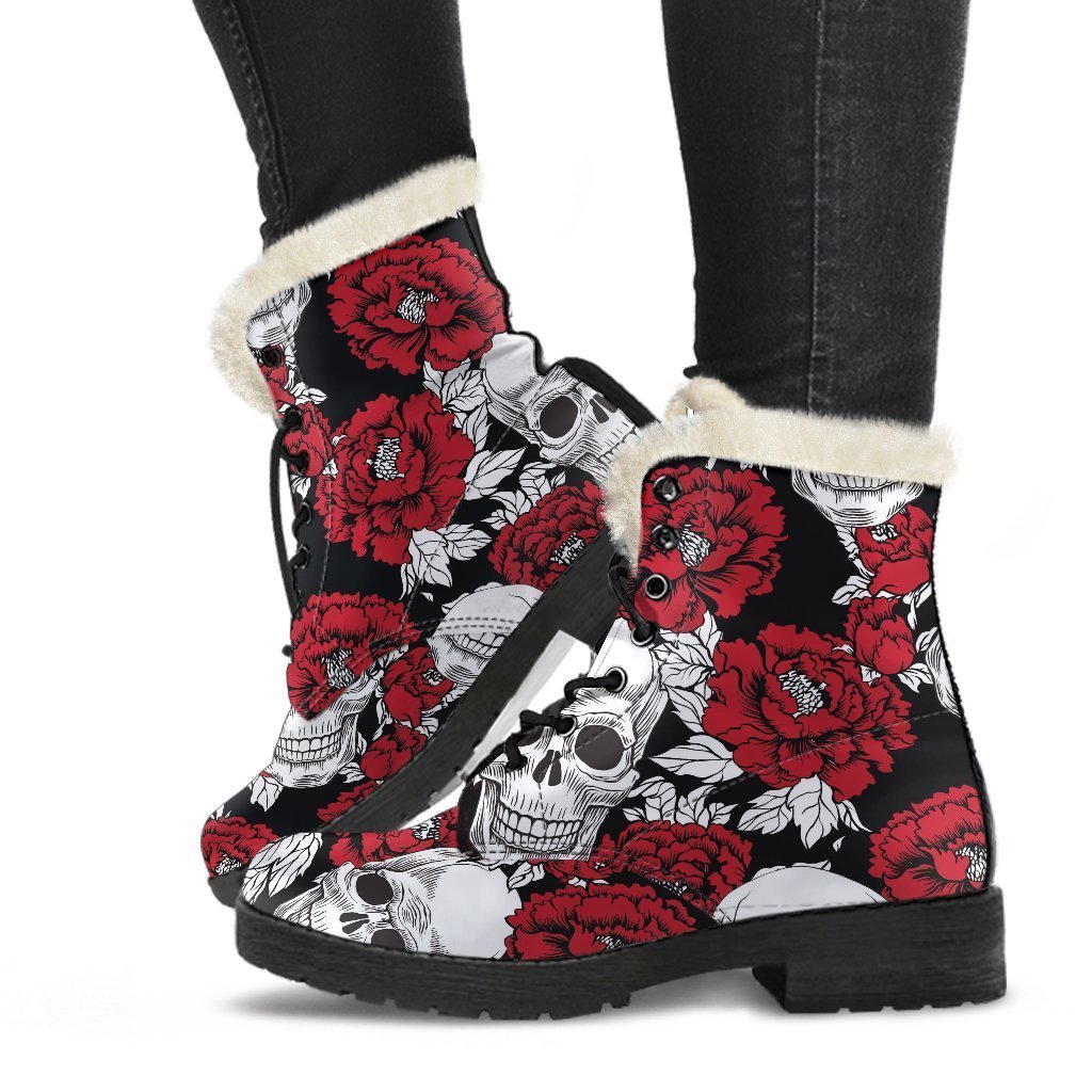 Red Peony Skull Faux Fur Leather Boots for Free-Spirited Hippies - 1