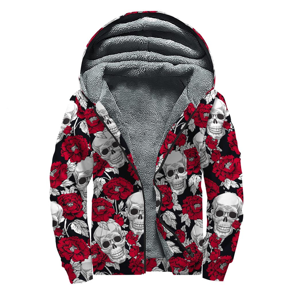 Red Peony Skull Print Hippie Sherpa Lined Zip Up Hoodie - 1