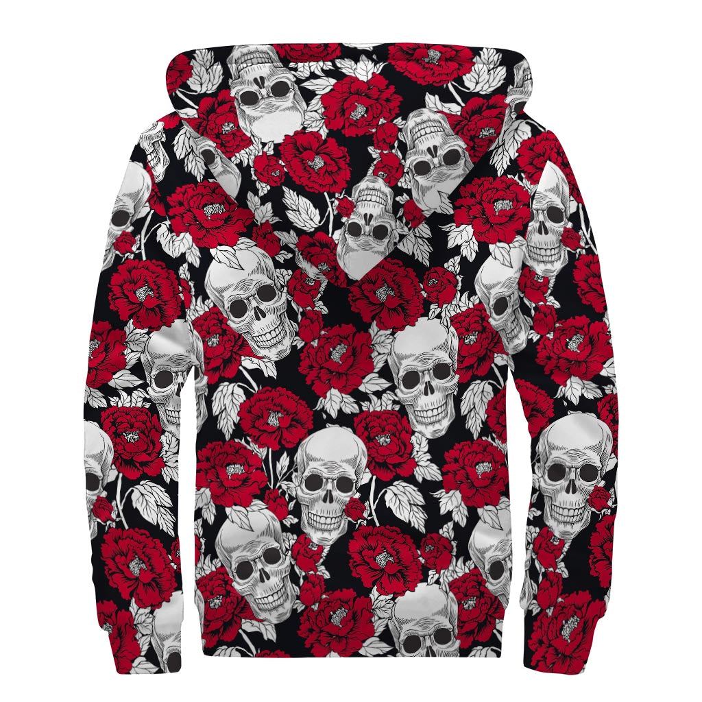 Red Peony Skull Print Hippie Sherpa Lined Zip Up Hoodie - 2