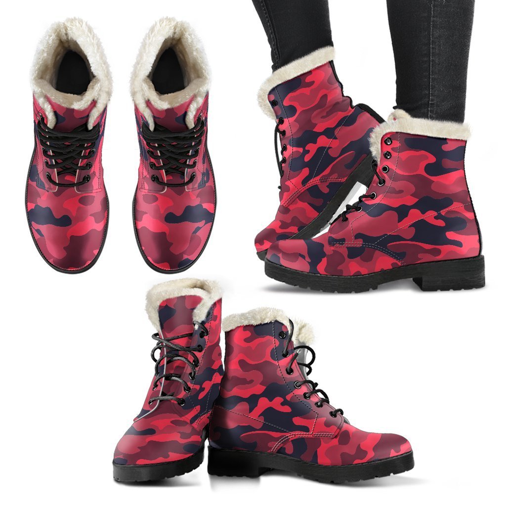 Peaceful Vibes: Red, Pink, and Black Camouflage Faux Fur Leather Boots for the Stylish Hippie - 2