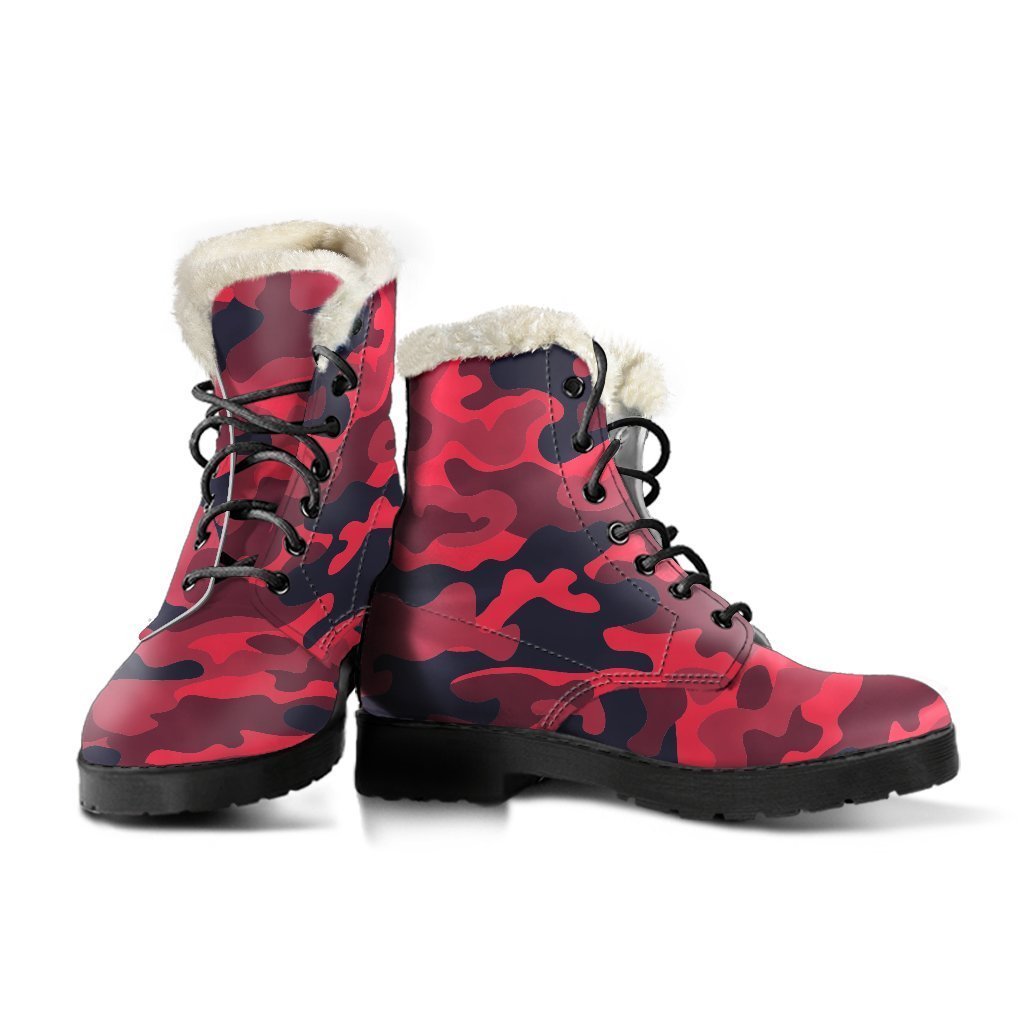 Peaceful Vibes: Red, Pink, and Black Camouflage Faux Fur Leather Boots for the Stylish Hippie - 3