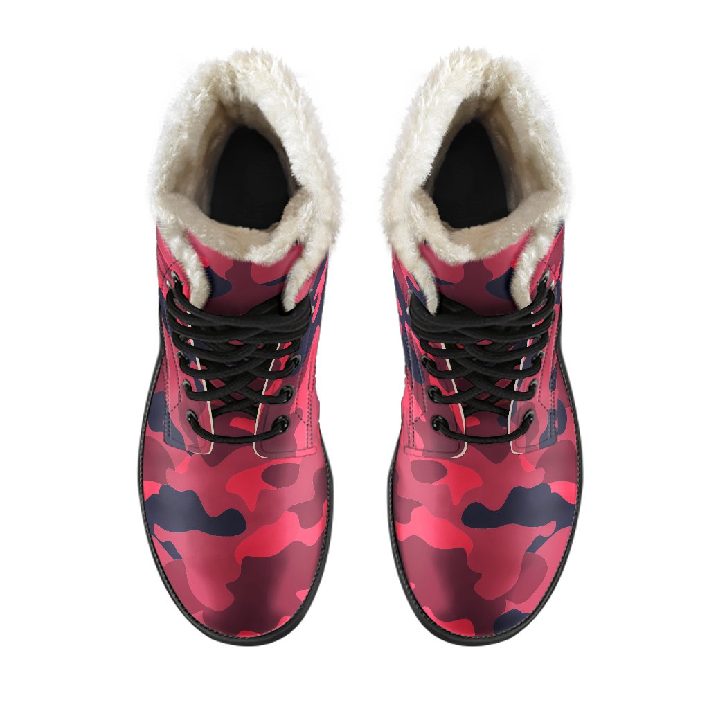 Peaceful Vibes: Red, Pink, and Black Camouflage Faux Fur Leather Boots for the Stylish Hippie - 4