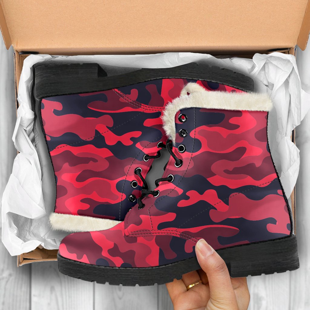 Peaceful Vibes: Red, Pink, and Black Camouflage Faux Fur Leather Boots for the Stylish Hippie - 5