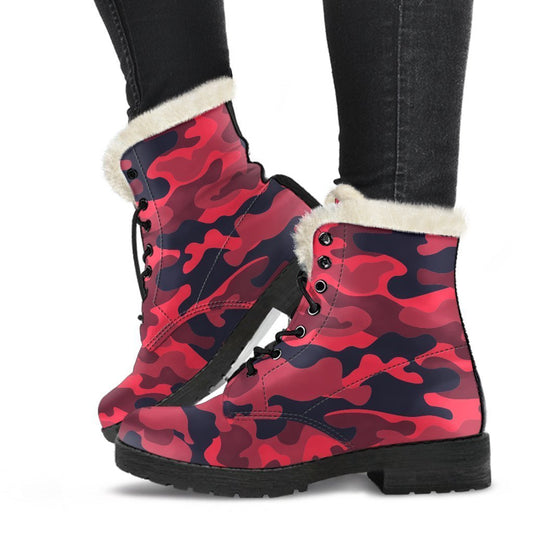 Peaceful Vibes: Red, Pink, and Black Camouflage Faux Fur Leather Boots for the Stylish Hippie - 1