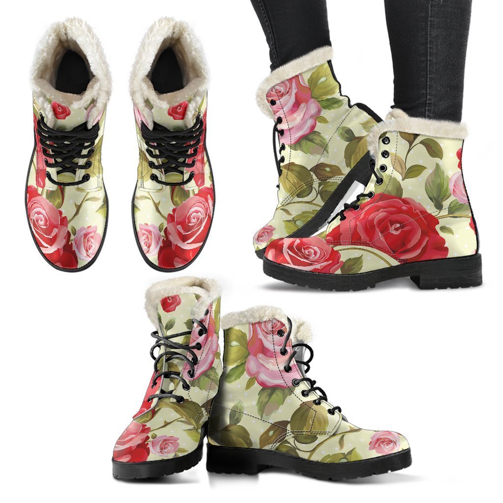 Groovy Vibes Faux Fur Leather Boots in Red Pink Rose Floral Print - 2