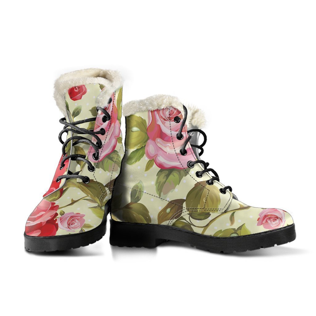 Groovy Vibes Faux Fur Leather Boots in Red Pink Rose Floral Print - 3