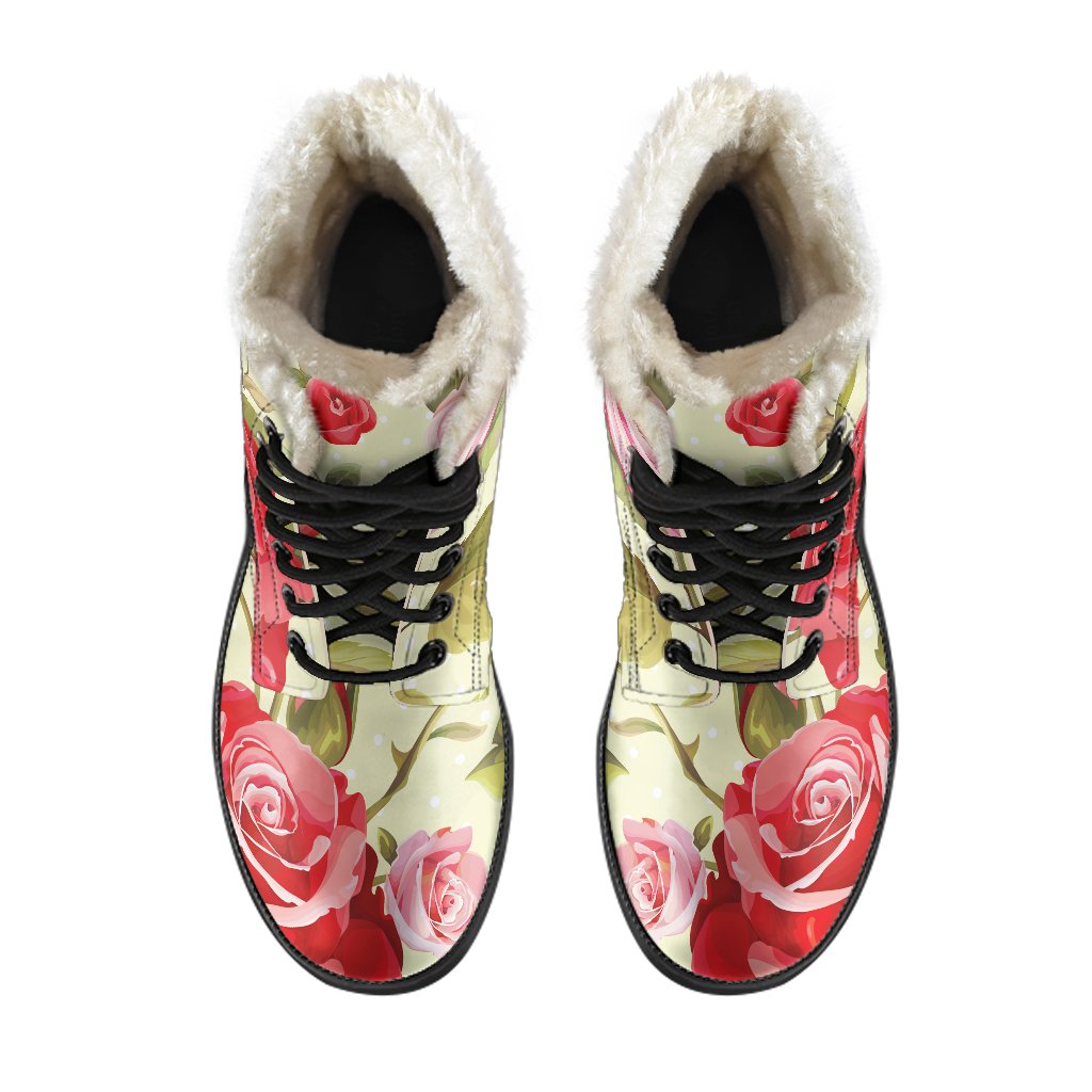 Groovy Vibes Faux Fur Leather Boots in Red Pink Rose Floral Print - 4