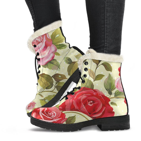 Groovy Vibes Faux Fur Leather Boots in Red Pink Rose Floral Print - 1