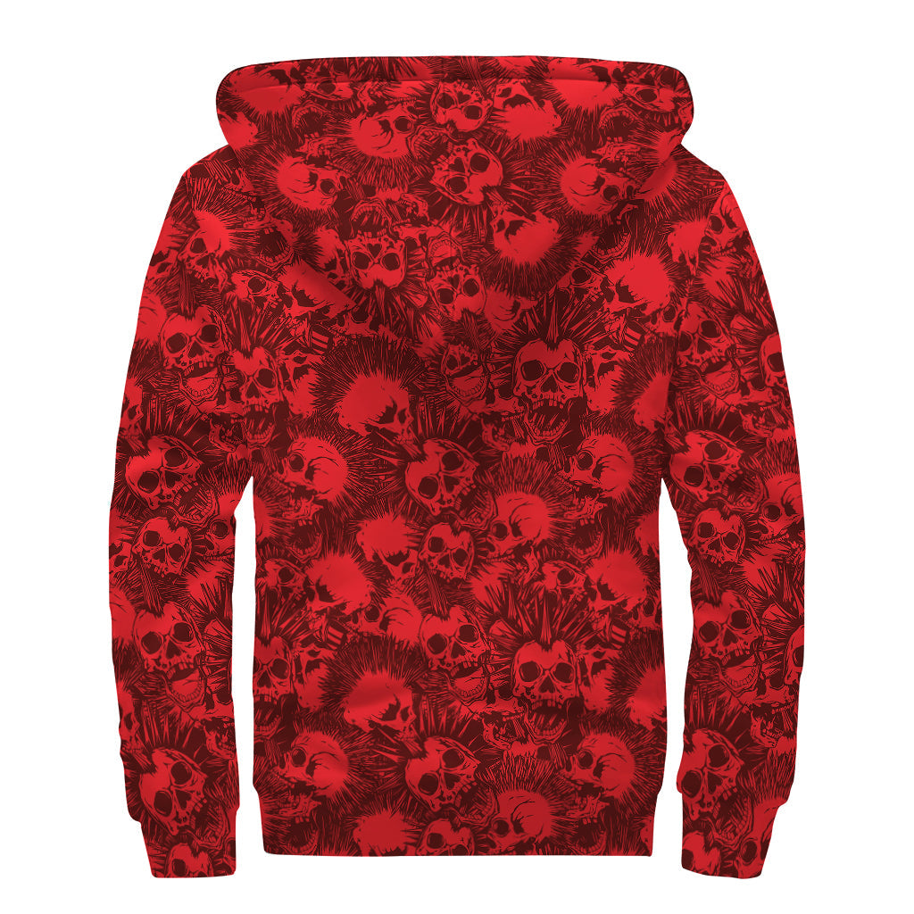 Red Punk Skull Pattern Sherpa Lined Zip Up Hoodie for Groovy Hippies - 2