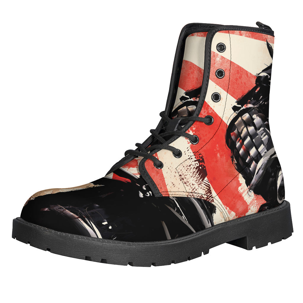 Red Rising Sun Samurai Print Leather Boots for Free-Spirited Hippies - 1