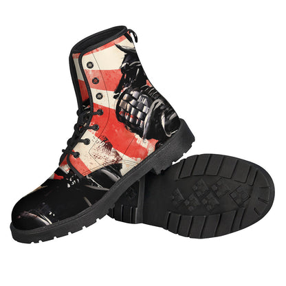 Red Rising Sun Samurai Print Leather Boots for Free-Spirited Hippies - 2