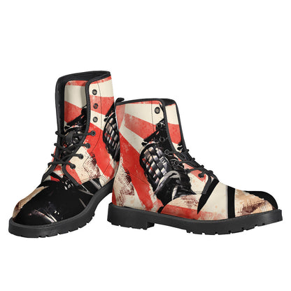 Red Rising Sun Samurai Print Leather Boots for Free-Spirited Hippies - 3