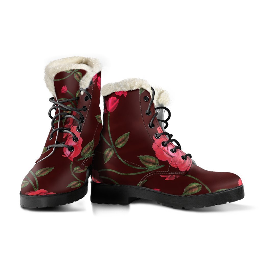 Red Rose Floral Faux Fur Leather Boots: Embrace Your Inner Hippie - 3