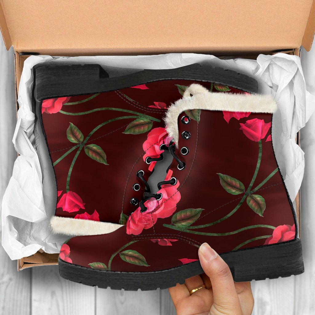 Red Rose Floral Faux Fur Leather Boots: Embrace Your Inner Hippie - 5