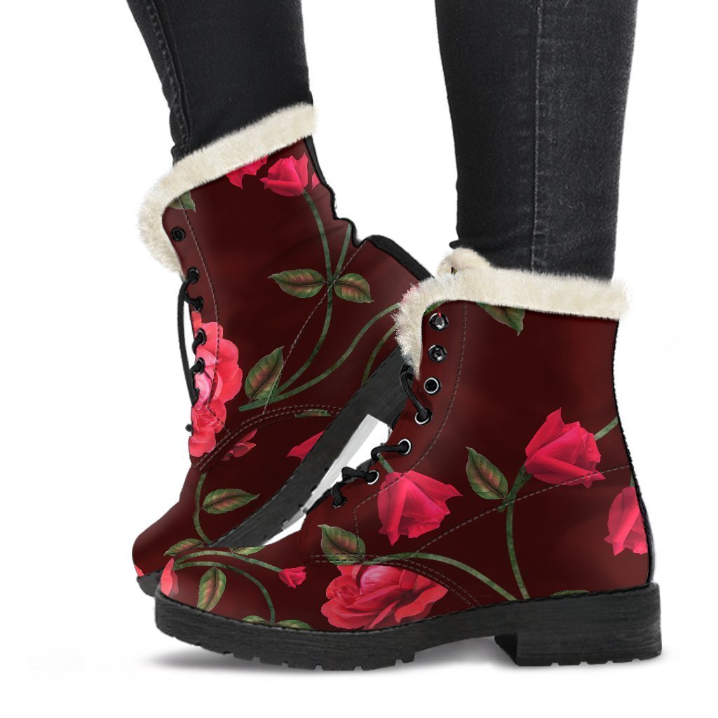 Red Rose Floral Faux Fur Leather Boots: Embrace Your Inner Hippie - 1